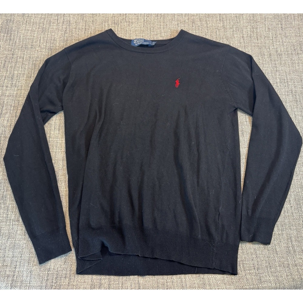 Polo Ralph Lauren Mens Black Cotton Crewneck Sweater Red Pony Logo Large XXL
